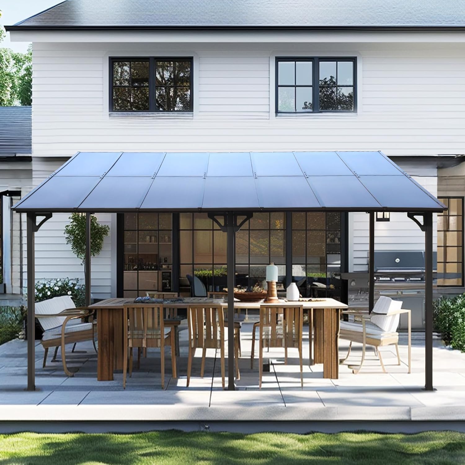 1014-ft-outdoor-metal-flexible-top-lean-to-gazebo-pergola-with-sloped-roof-heavy-duty-wall-mounted-patio-awnings-with-powder-coated-steel-frame-for-lawn-garden-3678922 10×14 FT Outdoor Metal Flexible Top Lean to Gazebo Pergola with Sloped Roof, Heavy Duty Wall-Mounted Patio Awnings with Powder-Coated Steel Frame, for Lawn, Garden, Backyard and Deck, Grey - Prioka