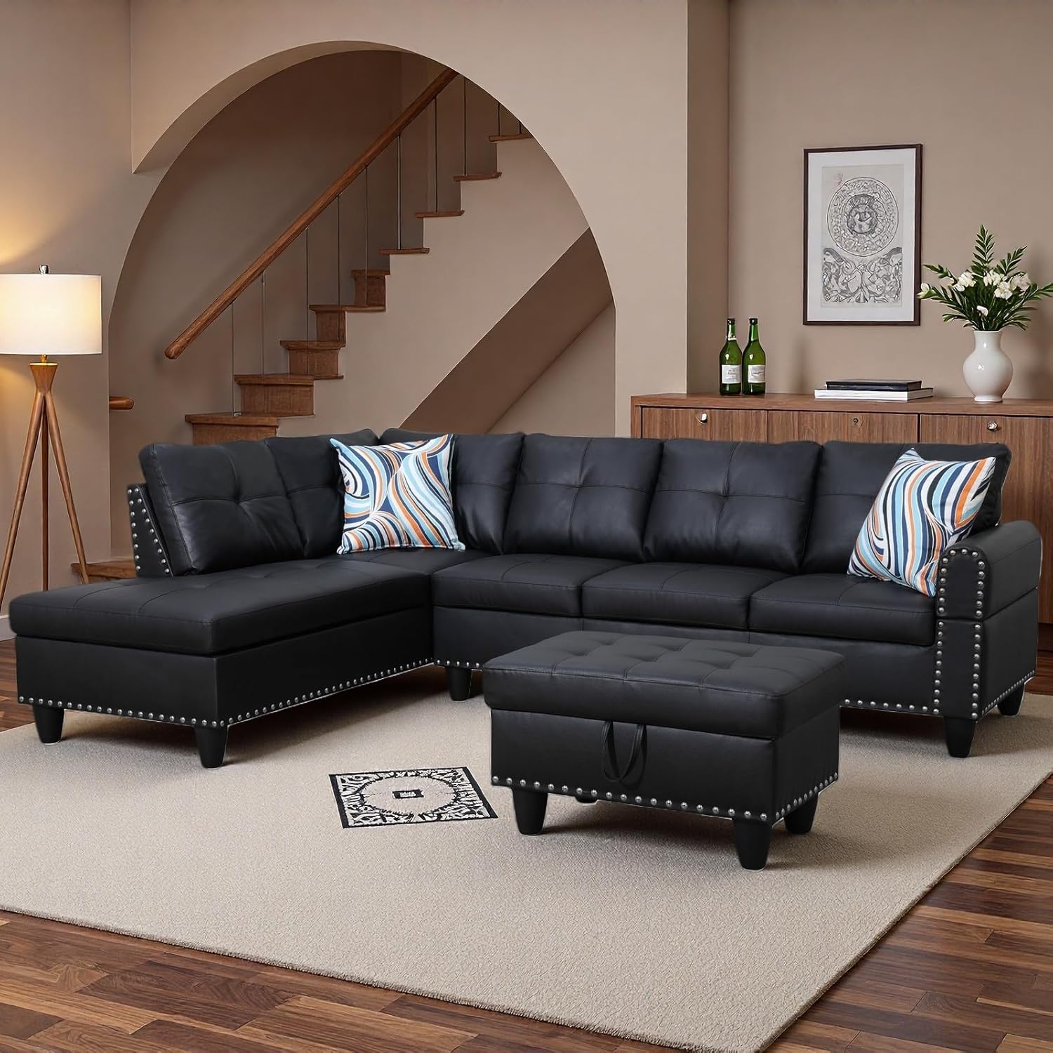 bergenfield-furniture-975-inch-l-shaped-modular-sectional-couch-set-with-storage-ottoman-4-seat-leather-sofa-chaise-living-room-apartment-9010678-1 Bergenfield Furniture 97.5 Inch L Shaped Modular Sectional Couch Set with Storage Ottoman 4 Seat Leather Sofa Chaise Living Room Apartment - Image 1