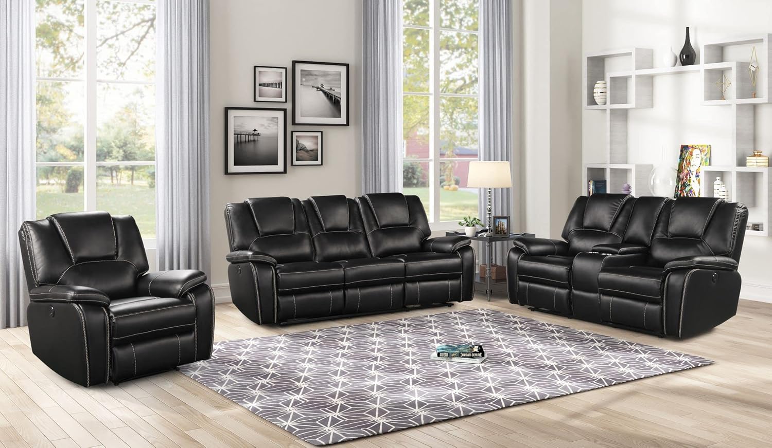 bergenfield-furniture-manual-recliner-sofa-set-bonded-leather-reclining-loveseat-couch-living-room-black-1466145-1 Bergenfield Furniture Manual Recliner Sofa Set Bonded Leather Reclining Loveseat Couch Living Room Black - Image 1