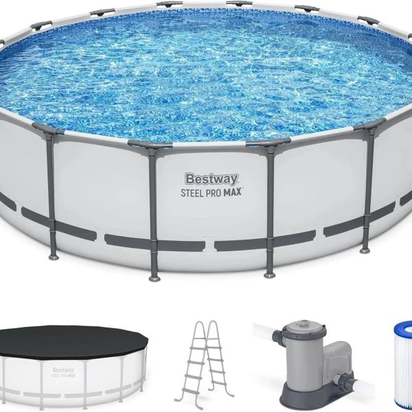 Bestway Steel Pro MAX 16 Foot x 48 Inch Round Metal Frame Above Ground Outdoor Swimming Pool Sets - Prioka