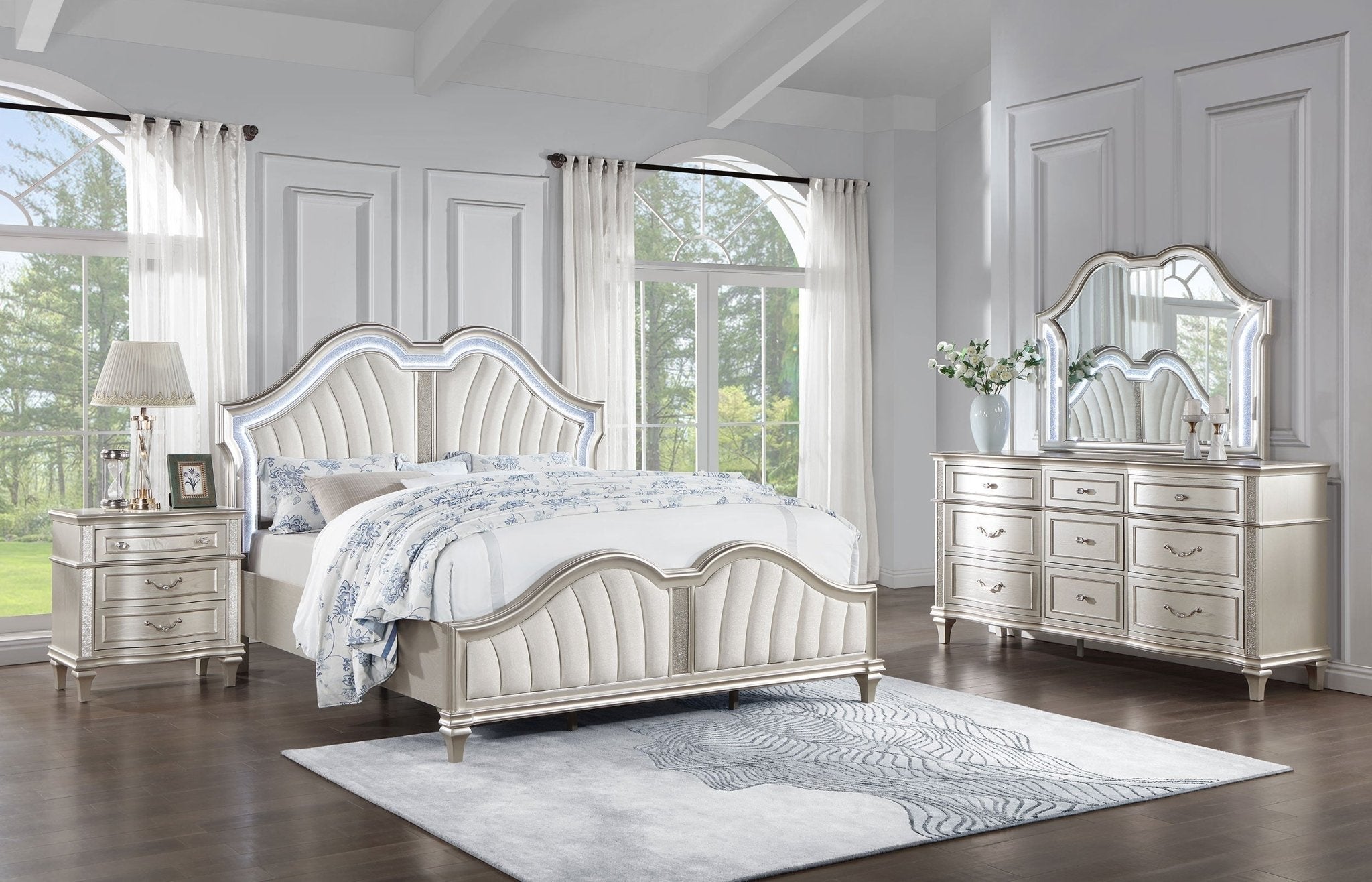 coaster-fine-furniture-evangeline-bedroom-set-glam-silver-oak-finish-double-arch-tufted-headboard-usb-nightstand-felt-lined-drawers-5715993 Coaster Fine Furniture Evangeline Bedroom Set – Glam Silver Oak Finish, Double Arch Tufted Headboard, USB Nightstand & Felt-Lined Drawers - Prioka