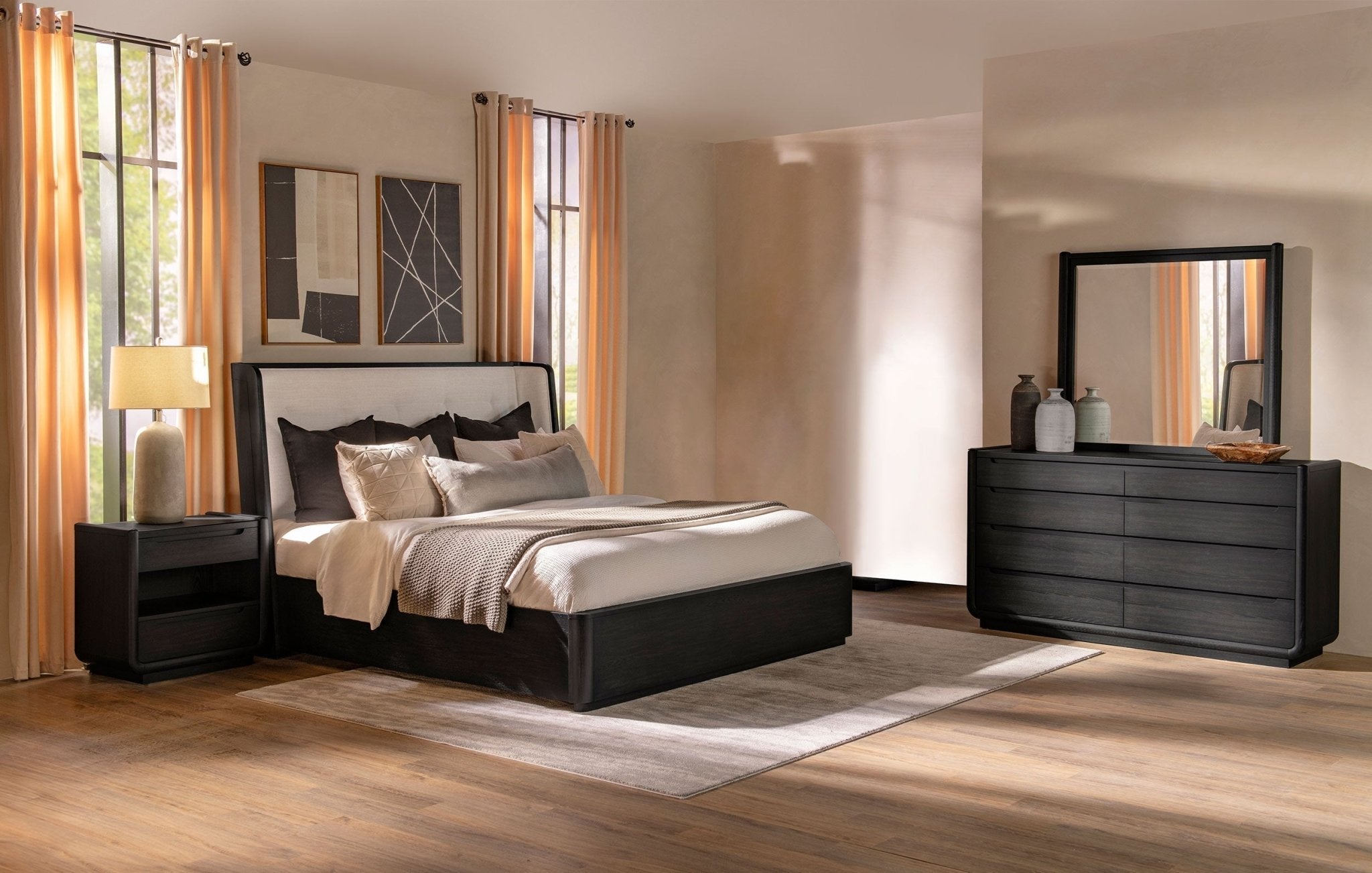 coaster-fine-furniture-leandro-burnished-black-bedroom-set-with-cream-upholstered-wingback-bed-8404901 Coaster Fine Furniture Leandro Burnished Black Bedroom Set with Cream Upholstered Wingback Bed - Image 1