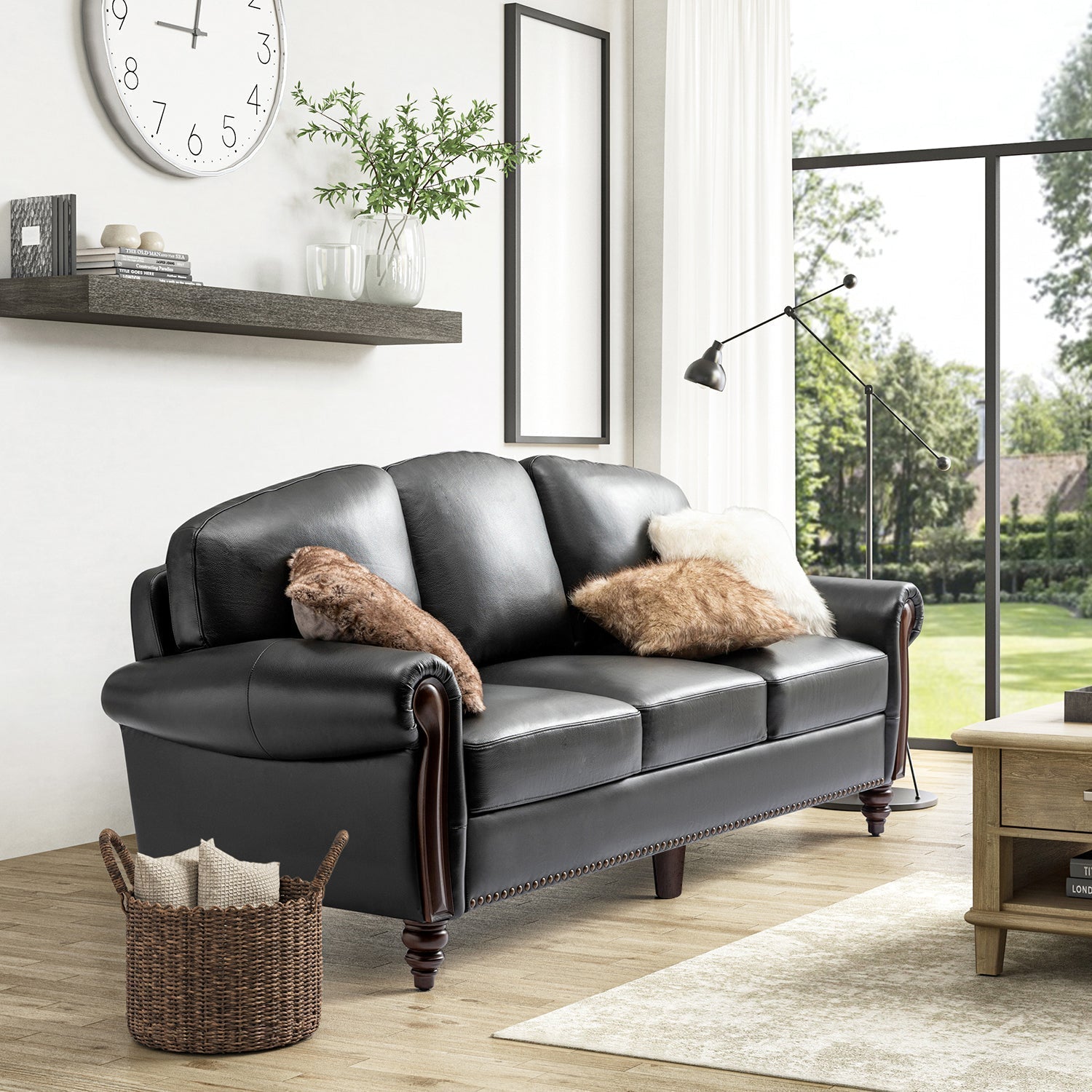 dietmar-genuine-leather-sofa-black-curved-leather-nailhead-sofa-1962635 Dietmar Genuine Leather Sofa – Black Curved Leather Nailhead Sofa - Image 1
