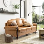 Dietmar Genuine Leather Sofa – Camel Curved Leather Nailhead Sofa