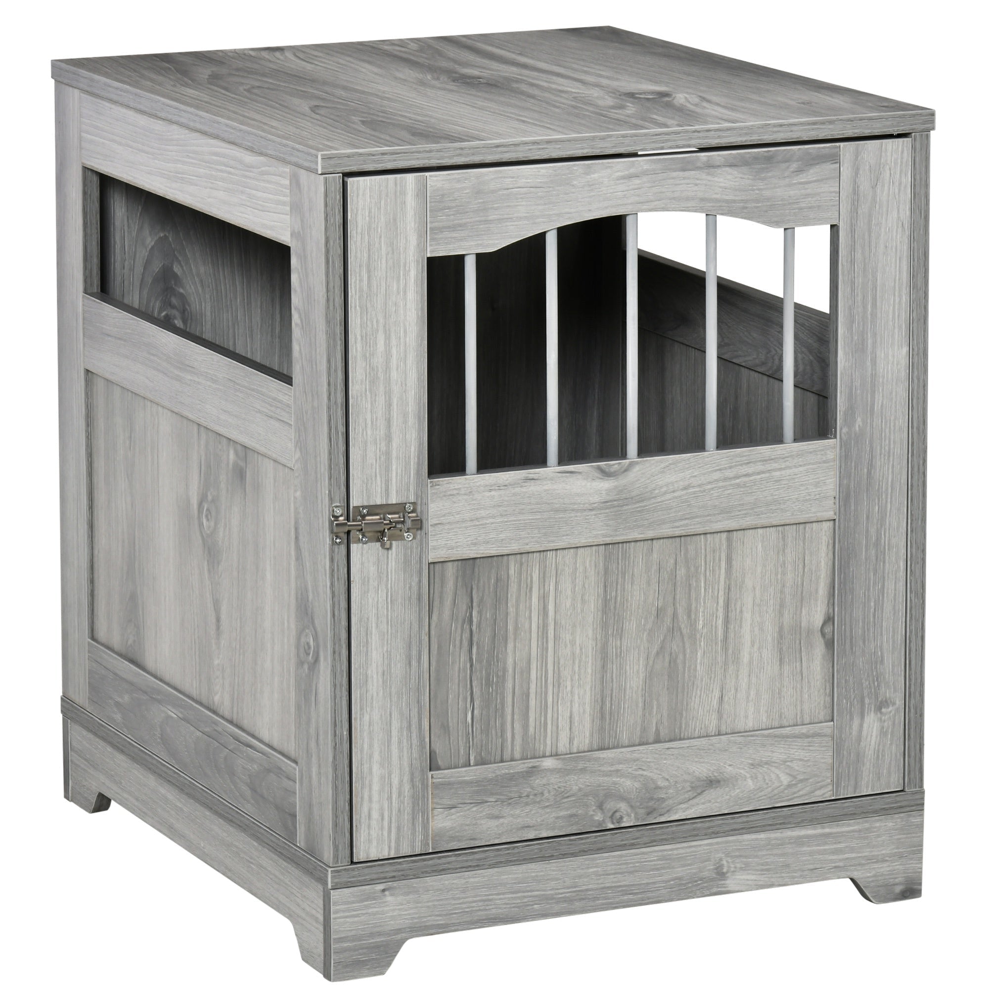 furniture-stylish-dog-kennel-wooden-wire-end-table-with-cushion-lockable-door-miniature-size-pet-crate-indoor-puppy-cage-grey-3717213 Furniture Stylish Dog Kennel, Wooden & Wire End Table with Cushion & Lockable Door, Miniature Size Pet Crate Indoor Puppy Cage, Grey - Image 1