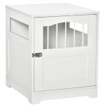 Furniture Stylish Dog Kennel, Wooden & Wire End Table with Cushion & Lockable Door, Miniature Size Pet Crate Indoor Puppy Cage, White