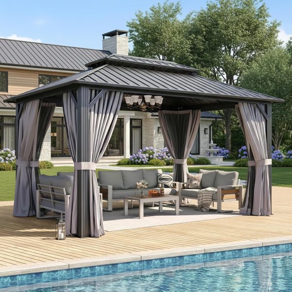 Gazebo 10×14 Hardtop Gazebo with Double Galvanized Steel Roof, Gray | Metal Frame Outdoor Pavilion with Breathable Netting and Privacy Curtain for Backyard - Prioka