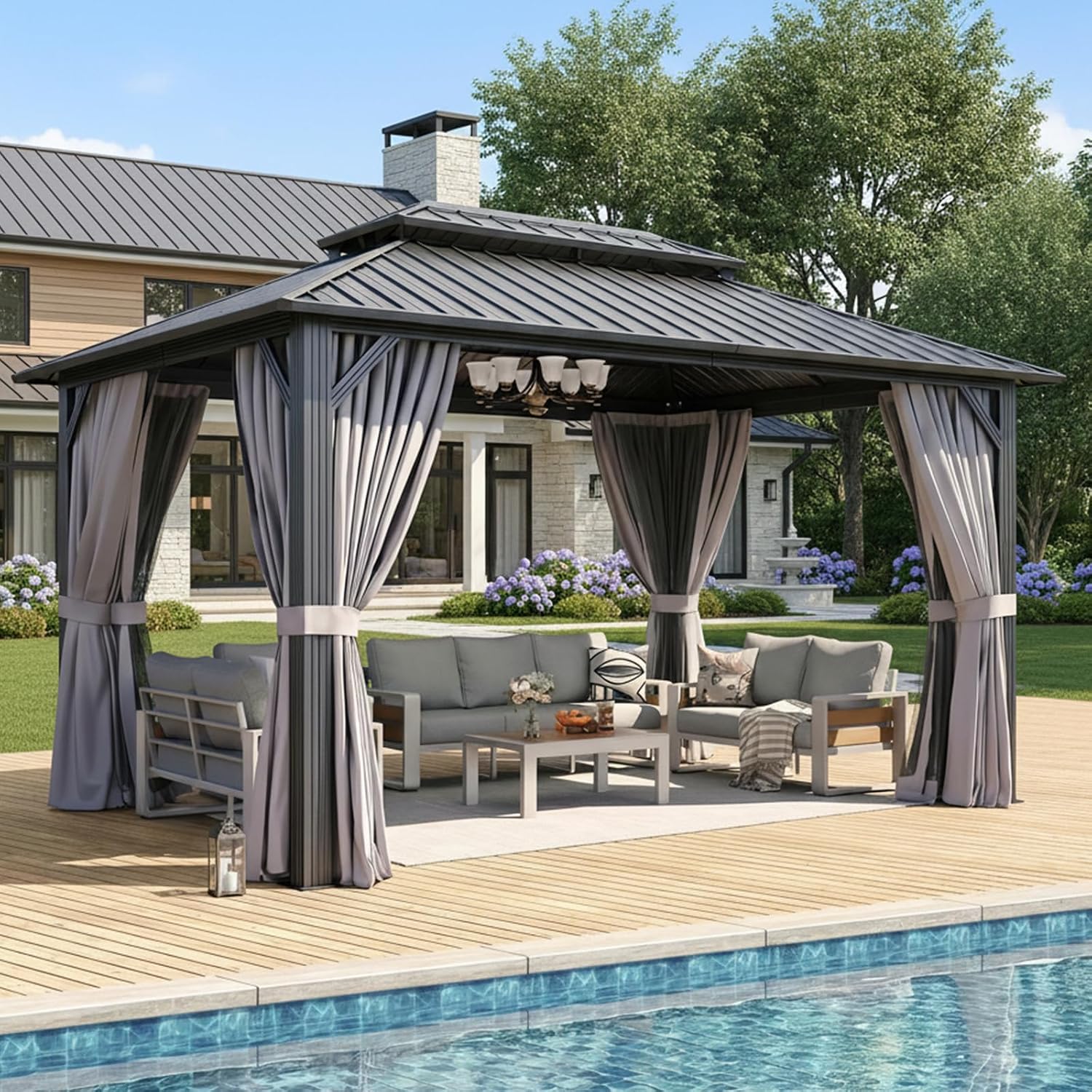 gazebo-1014-hardtop-gazebo-with-double-galvanized-steel-roof-gray-metal-frame-outdoor-pavilion-with-breathable-netting-and-privacy-curtain-for-backyard-3737945 Gazebo 10×14 Hardtop Gazebo with Double Galvanized Steel Roof, Gray | Metal Frame Outdoor Pavilion with Breathable Netting and Privacy Curtain for Backyard - Prioka