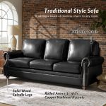 Gerardo Genuine Leather Sofa – Black Rolled Arm Nailhead Sofa - Image 3