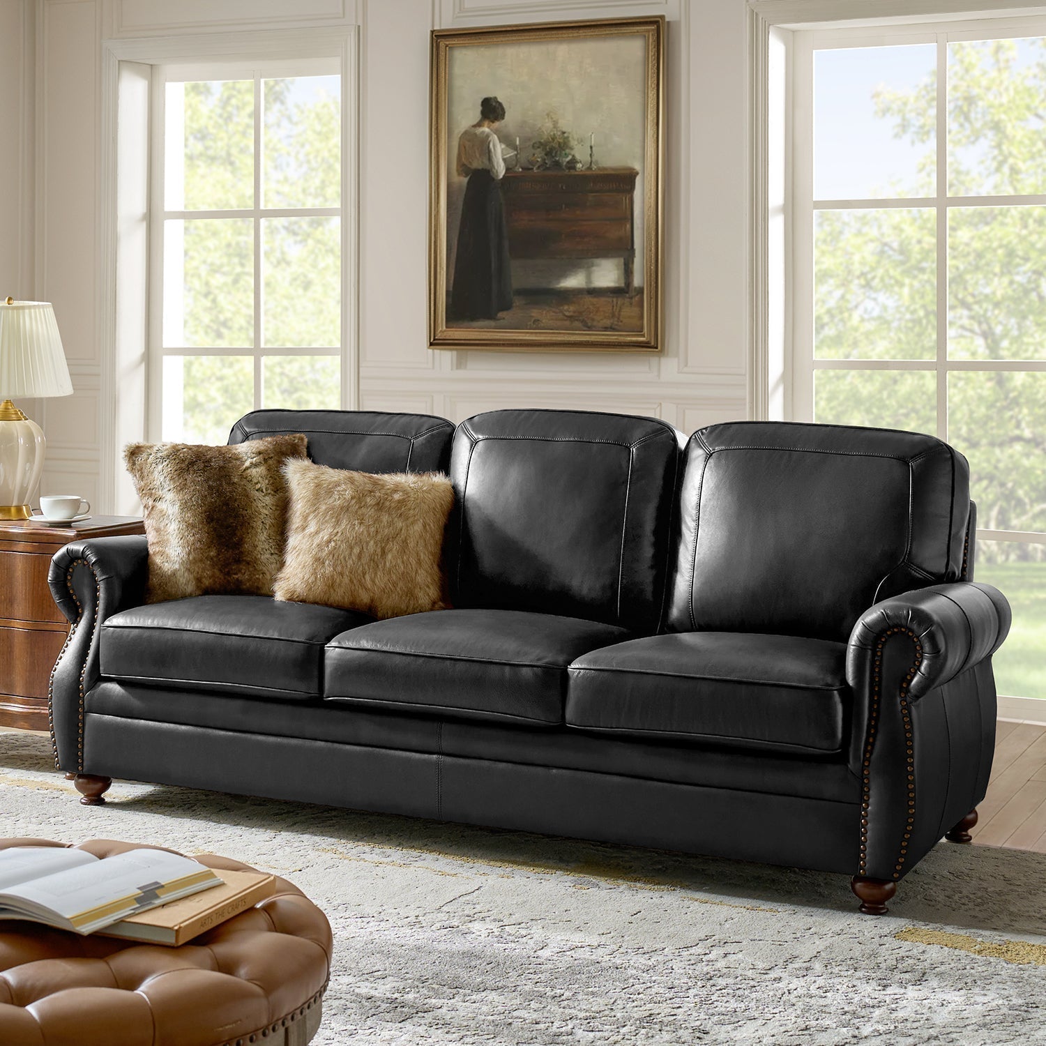gerardo-genuine-leather-sofa-black-rolled-arm-nailhead-sofa-6872015 Gerardo Genuine Leather Sofa – Black Rolled Arm Nailhead Sofa - Image 1
