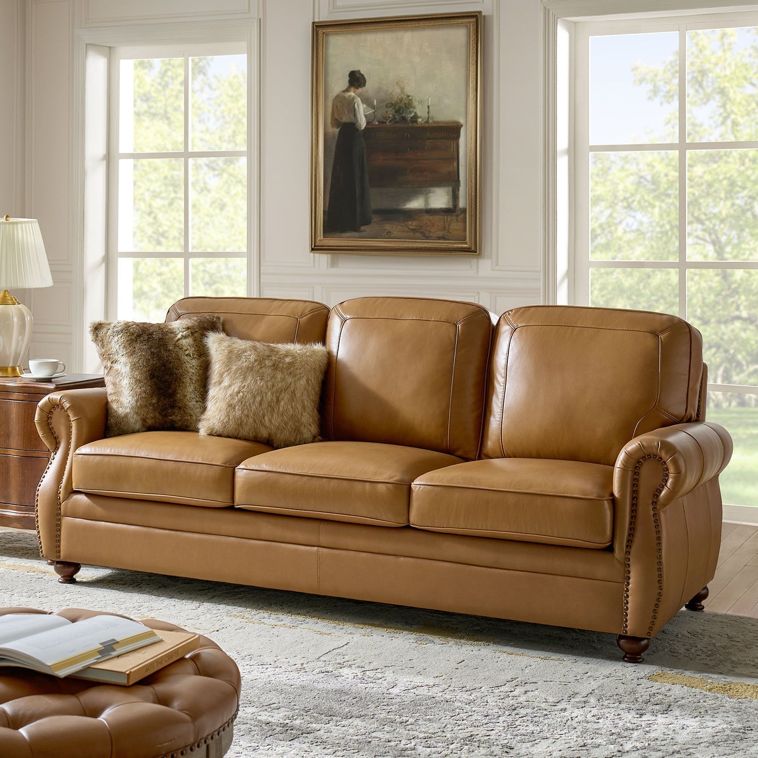 gerardo-genuine-leather-sofa-camel-rolled-arm-nailhead-sofa-8741565 Gerardo Genuine Leather Sofa – Camel Rolled Arm Nailhead Sofa - Image 1