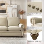 Gerardo Genuine Leather Sofa – Tan Rolled Arm Nailhead Sofa - Image 4