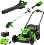 Greenworks 80V 21” Lawn Mower, 13” String Trimmer, and 730 Leaf Blowers. - Image 2