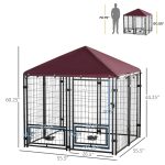 Indoor/Outdoor Metal Dog Kennel, Dog House with Lock, Weather Resistant Canopy and 2 Bowl Holders and Bowls, 4.6' x 4.6' x 5', Black / Red - Image 4
