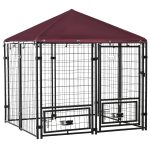 Indoor/Outdoor Metal Dog Kennel, Dog House with Lock, Weather Resistant Canopy and 2 Bowl Holders and Bowls, 4.6' x 4.6' x 5', Black / Red