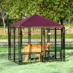 Indoor/Outdoor Metal Dog Kennel, Dog House with Lock, Weather Resistant Canopy and 2 Bowl Holders and Bowls, 4.6' x 4.6' x 5', Black / Red - Image 3