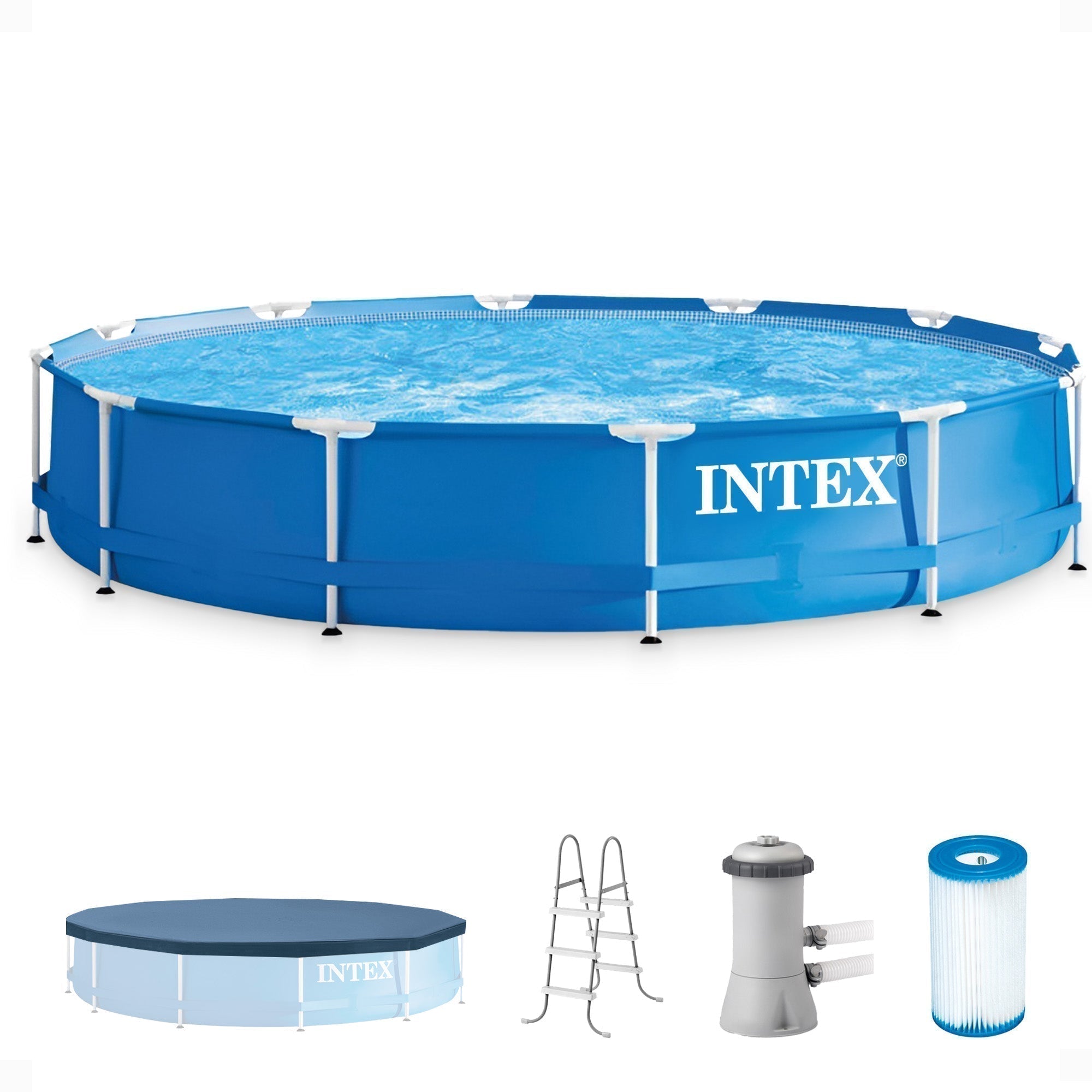 intex-12x30-swimming-pool-w-pump-pool-ladder-for-42-wall-12-cover-5672665 Intex 12'x30" Swimming Pool w/ Pump, Pool Ladder for 42” Wall, & 12’ Cover - Image 1