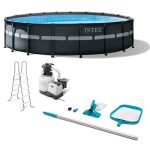 Intex Ultra XTR Frame 18′ x 52″ Above Ground Swimming Pool with Sand Filter Pump, Ladder, Cover, 038; Maintenance Accessory Kit with Vacuum and Skimmer