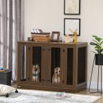 Large Furniture Style Dog Crate with Removable Panel, End Table with Two Rooms Design and Two Front Doors, Walnut, 47" x 23.5" x 35" - Image 2