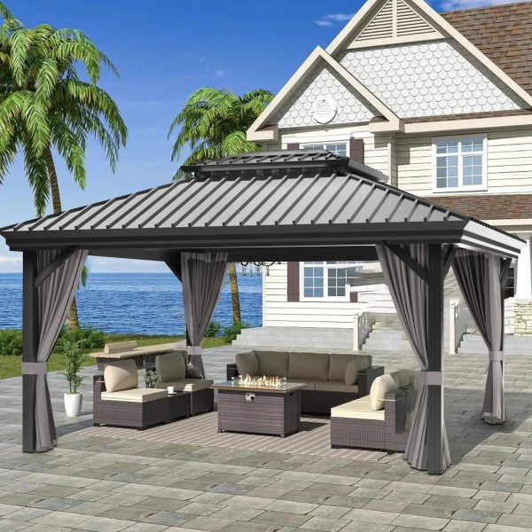 Patioslife Hardtop Pergola Gazebo Grey 10 ft×12 ft Aluminum Frame Galvanized Steel Roof - Prioka