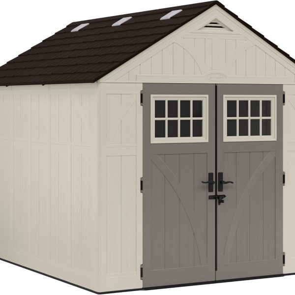 Suncast 8×10 Ft. Outdoor Storage Shed – Large Resin Outdoor Shed with Floor Included, Lockable Double Doors & Skylights. 547 Cu Ft Tremont Garden Resin Sheds for Lawn Tools, Riding Mowers, & Bikes - Prioka