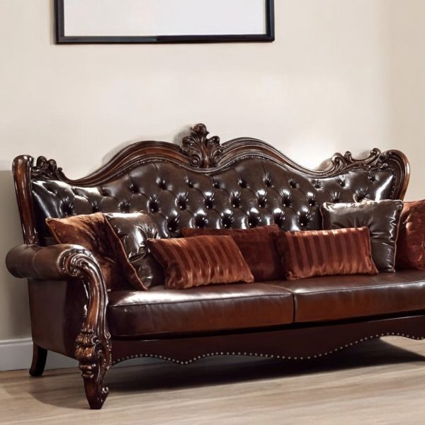 The Beaumont – Brown Faux Leather Sofa with Toss Pillows