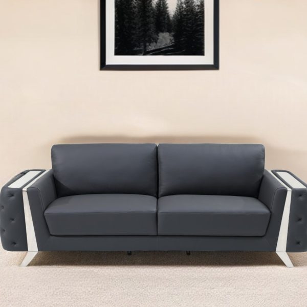 The Langford – Gray Italian Leather Sofa with Silver Legs