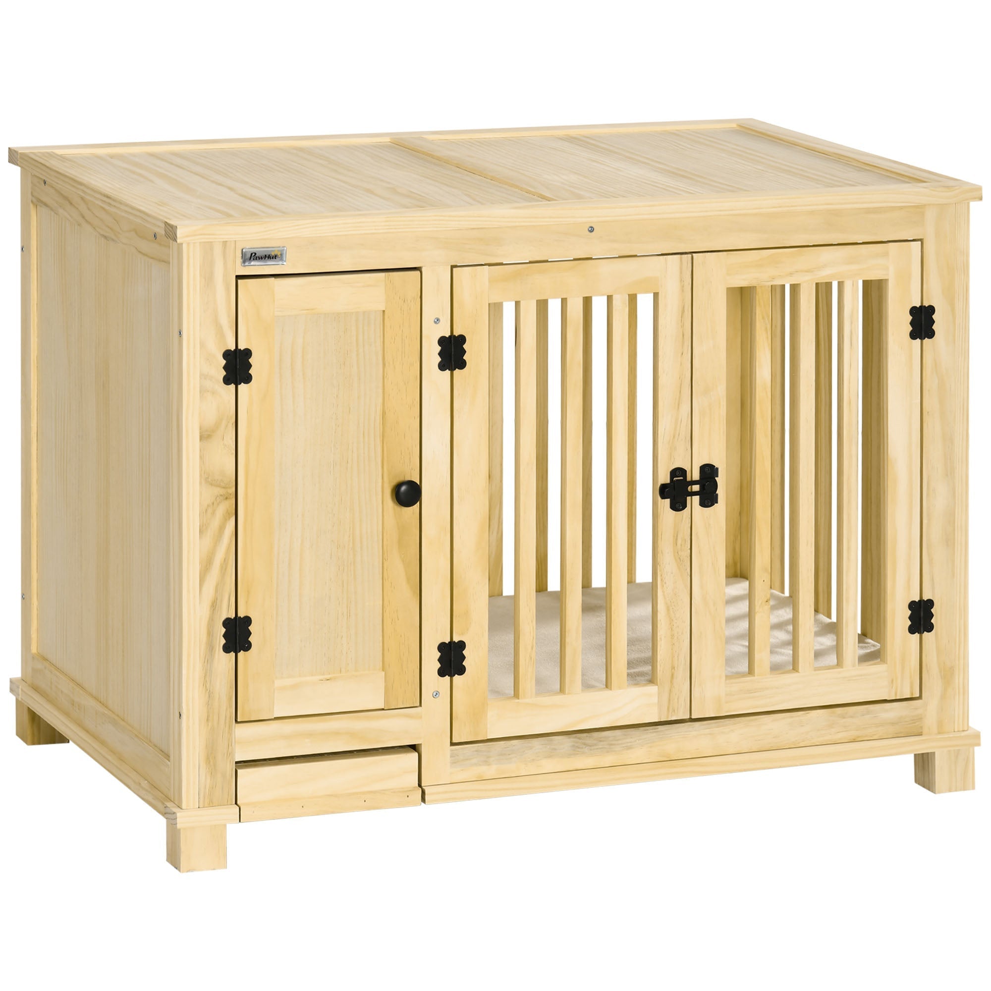wooden-dog-crate-indoor-dog-kennels-with-cushion-drawer-bowl-storage-for-small-dogs-375-x-23-x-275-natural-3652478 Wooden Dog Crate, Indoor Dog Kennels with Cushion Drawer Bowl Storage for Small Dogs, 37.5" x 23" x 27.5", Natural - Image 1